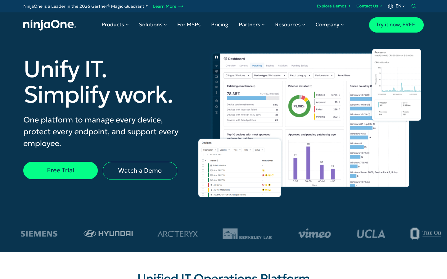 NinjaOne landing page with endpoint management features